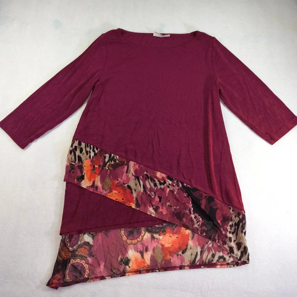 Chico's Asymmetrical Tunic Top Red Floral Chiffon Hem‎ 3/4 Sleeve Blouse Size M